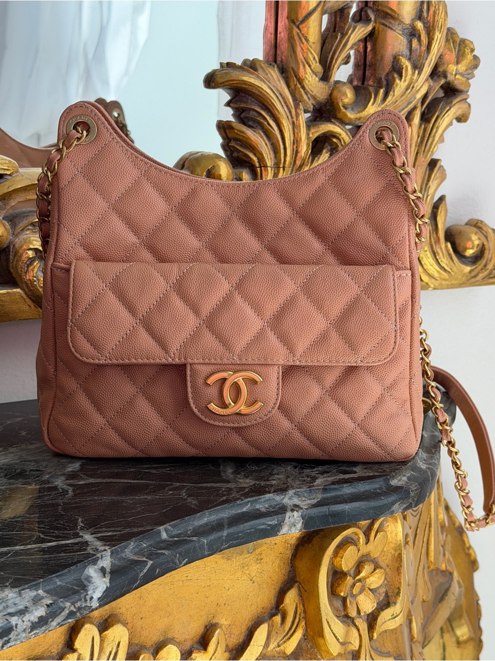 CHANEL Caviar Quilted Wavy CC Hobo Beige